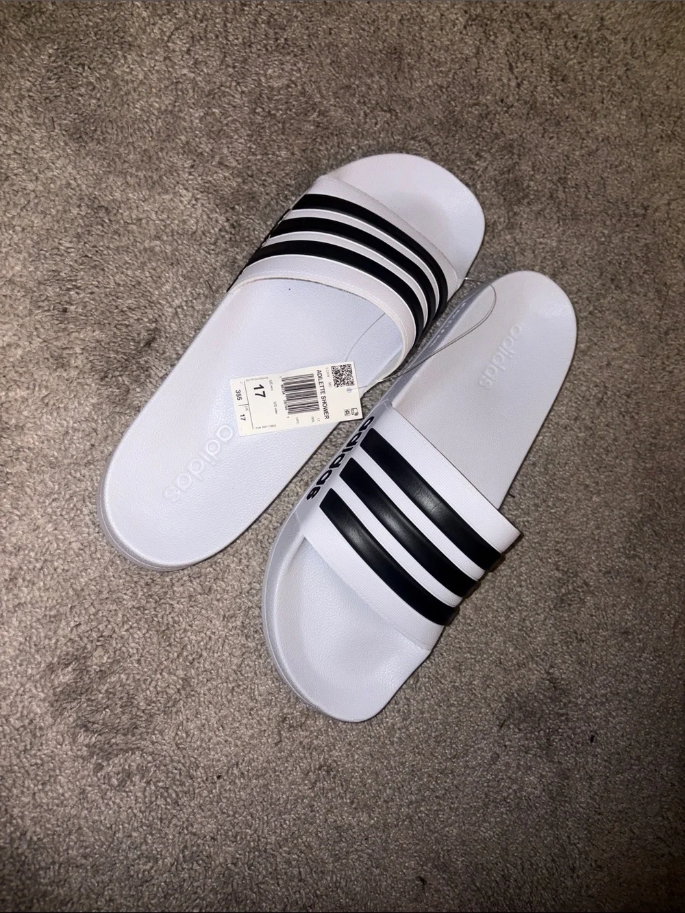 adidas White Slides with Black Striped Strap